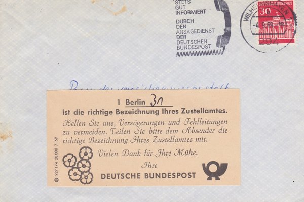 BUND 508 Standardbrief <Brandenburger Tor>  mit Hinweis-Aufkleber der Post vom 04-09-1969