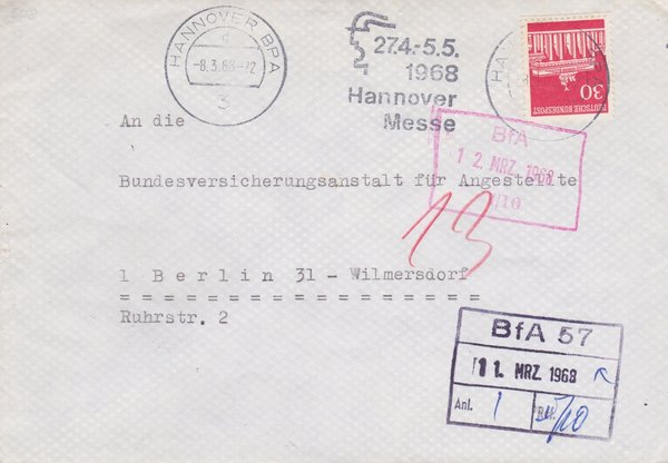 BUND 508 Standardbrief <Brandenburger Tor> mit Tagesstempel Hannover-Messe vom 08-03-1968
