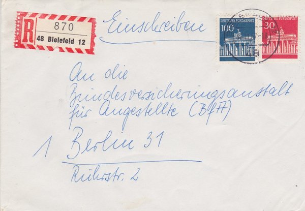 BUND 508, 510 Einschreibebrief <Brandenburger Tor> mit Tagesstempel Bielefeld vom 30-11-1967