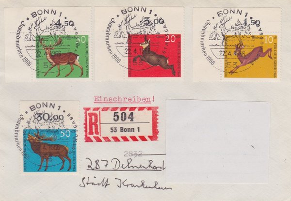 BUND 511-514 Einschreibe-Ersttagsbrief <Jugendmarken 66 Hochwild> Sonderstempel vom 22-04-1966