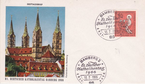 BUND 515 Ersttagsbrief (FDC) <Deutscher Katholikentag, Bamberg> Sonderstempel vom 13-07-1966