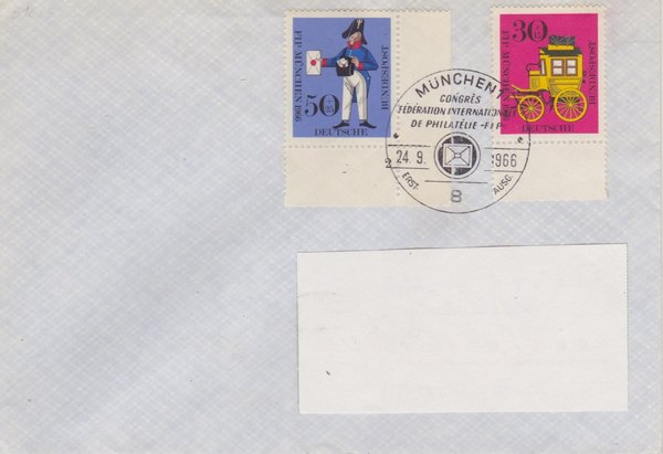 BUND 516, 517 Standard-Ersttagsbrief <FIP Kongreß München 1966> mit Sonderstempel vom 24-09-1966