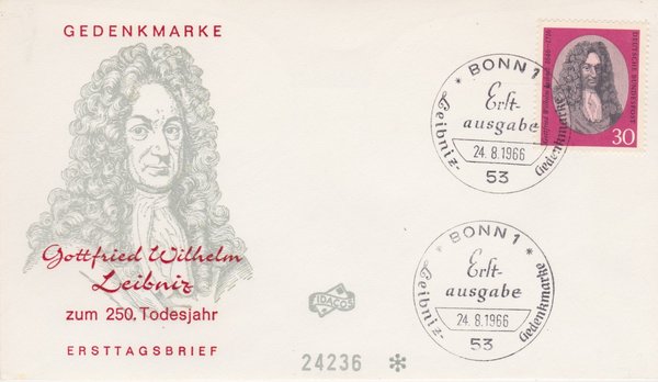 BUND 518 Ersttagsbrief (FDC) <200. Todestag G.W. Leibniz> mit Sonderstempel Bonn 1 vom 24-08-1966