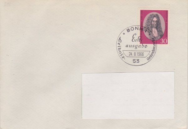 BUND 518 Standard-Ersttagsbrief <200. Todestag G.W. Leibniz> mit Sonderstempel Bonn vom 24-08-1966