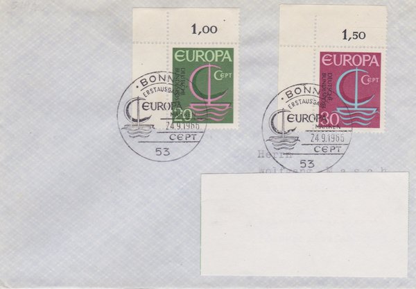 BUND 519, 520 Standard-Ersttagsbrief <Europa-Marken 1966> mit Sonderstempel Bonn 1 vom 24-09-1966