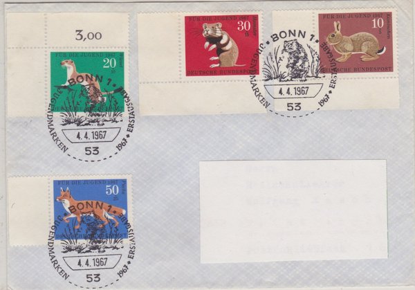 BUND 529-532 Standard-Ersttagsbrief <Jugend, Pelztiere> mit Sonderstempel Bonn 1 vom 04-04-1967