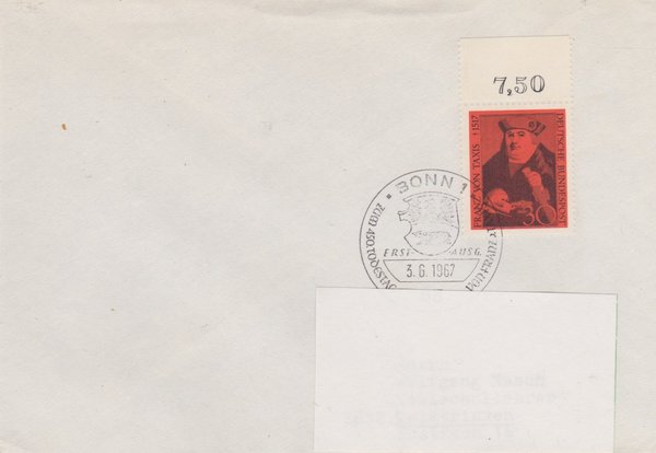 BUND 535 Standard-Ersttagsbrief <450. Todestag F. von Taxis> mit Sonderstempel Bonn 1 vom 03-06-1967