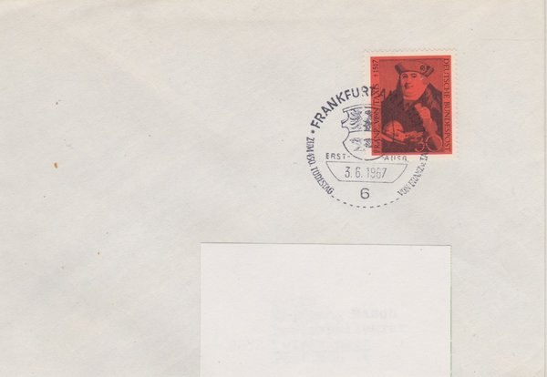 BUND 535 5tandard-Ersttagsbrief <450.Todestag F. von Taxis> mit Sonderstempel Frankfurt 03-06-1967