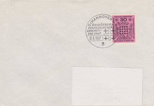 BUND 536 Standard-Ersttagsbrief <Deutscher Evang. Kirchentag> Sonderstempel Hannover 21-06-1967