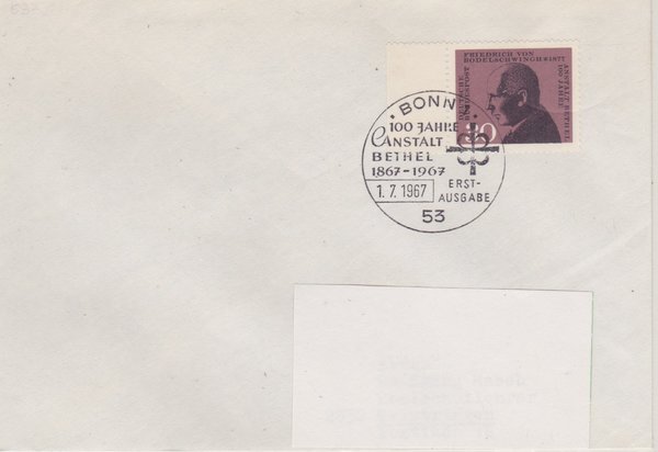 BUND 537 Standard-Ersttagsbrief <100 Jahre Anstalt Bethel> mit Sonderstempel Bonn 1 vom 01-07-1967