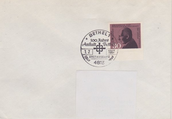 BUND 537 Standard-Ersttagsbrief <100 Jahre Anstalt Bethel> mit Sonderstempel Bethel 1 vom 01-07-1967