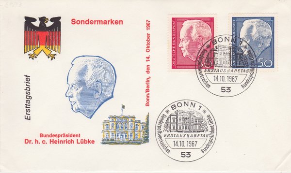 BUND 542, 543 Ersttagsbrief (FDC) <Heinrich Lübke> mit Sonderstempel Bonn 1 vom 14-10-1967