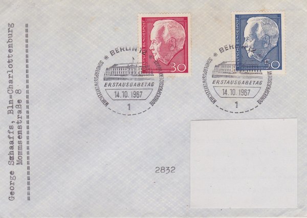 BUND 542, 543 Standard-Ersttagsbrief <Heinrich Lübke> mit Sonderstempel Berlin 12 vom 14-10-1967
