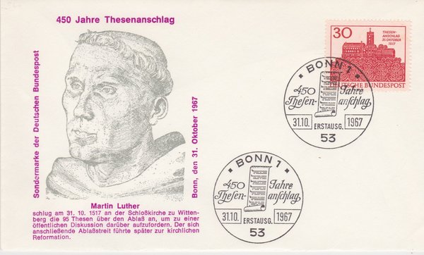 BUND 544 Ersttagsbrief (FDC) <Martin Luther, Thesenanschlag> Sonderstempel Bonn 1 vom 31-10-1967