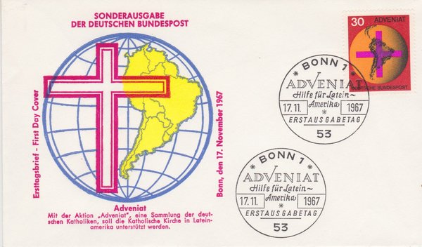 BUND 545 Ersttagsbrief (FDC) <Kath. Hilfsaktion, ADVENIAT> mit Sonderstempel Bonn 1 vom 17-11-1967