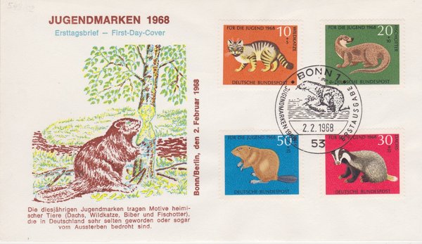 BUND 549-552 Ersttagsbrief (FDC) <Jugend, Bedrohte Tiere> mit Sonderstempel Bonn 1 vom 02-02-1968