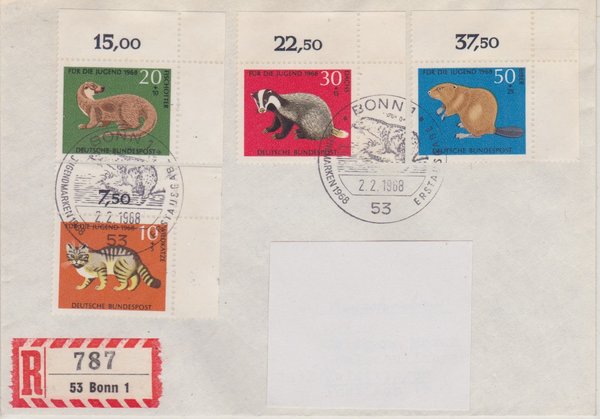 BUND 549-552 Einschreibe-Ersttagsbrief <Jugend, Bedrohte Tiere> mit Sonderstempel Bonn 02-02-1968