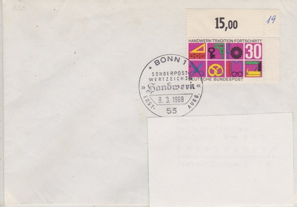 BUND 553 Standard-Ersttagsbrief <Handwerk> mit Sonderstempel Bonn 1 vom 31-10-1967