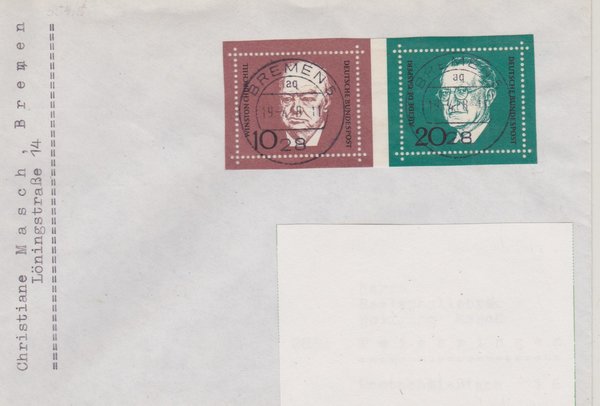 BUND 554, 555 Standard-Ersttagsbrief <Konrad Adenauer> mit Tagesstempel Bremen 1 vom 19-04-1968