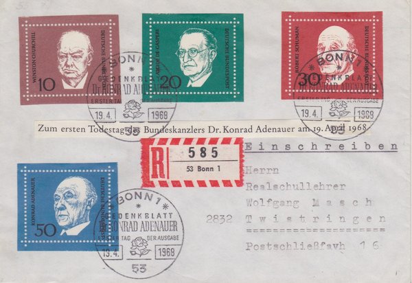BUND 554-557 Ersttags-Einschreibebrief <Konrad Adenauer> mit Sonderstempel Bonn 1 vom 19-04-1968