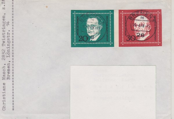 BUND 555, 556 Standard-Ersttagsbrief <Konrad Adenauer> mit Tagesstempel Bremen 5 vom 19-04-1968