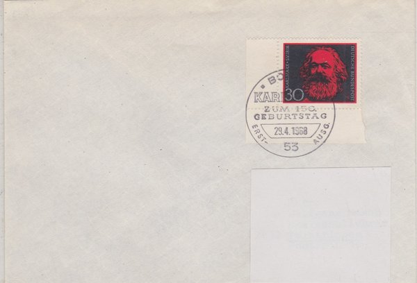 BUND 558 Standard-Ersttagsbrief <150. Geburtstag Karl Marx> mit Sonderstempel Bonn 1 vom 29-04-1968