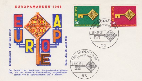 BUND 559, 560 Ersttagsbrief (FDC) < Europamarken 1968> mit Sonderstempel Bonn 1 vom 29-04-1968
