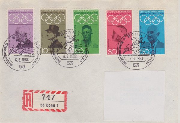 BUND 561-565 Ersttags-Einschreibebrief <Olympiade Mexico 1968> mit Sonderstempel Bonn 06-06-1968