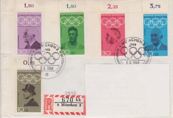BUND 561-565 Ersttags-Einschreibebrief <Olympiade Mexico 1968> Sonderstempel München 06-06-1968