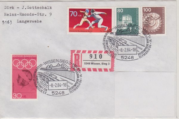 BUND 564, Berlin 501, 502, 568 - Einschreibebrief - Sonderstempel Wissen/Sieg  vom 08-02-1984