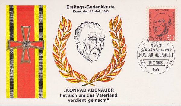 BUND 567 Ersttags-Gedenkkarte <Konrad Adenauer> mit Sonderstempel Bonn 1 vom 19-07-1968