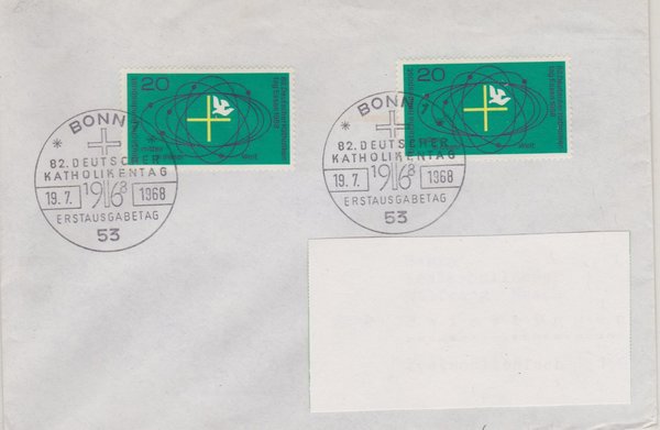 BUND 568 (2x) Standard-Ersttagsbrief <Deutscher Katholikentag> Sonderstempel Bonn 1 vom 19-07-1968