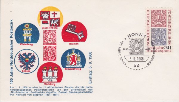 BUND 569 Ersttagsbrief (FDC) <100 Jahre Norddeutscher Postbezirk> Sonderstempel Bonn 05-09-1968