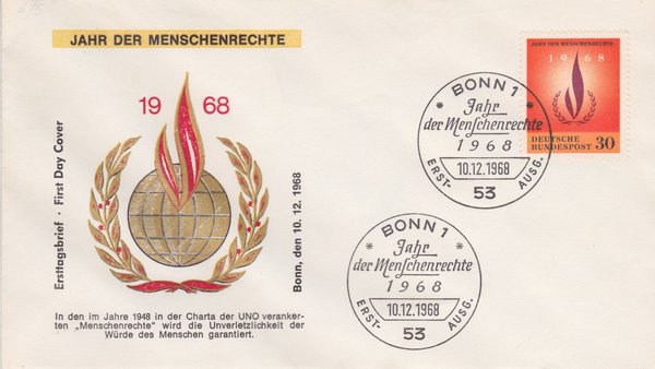 BUND 575 Ersttagsbrief (FDC) <Jahr der Menschenrechte> mit Sonderstempel Bonn 1 vom 10-12-1968