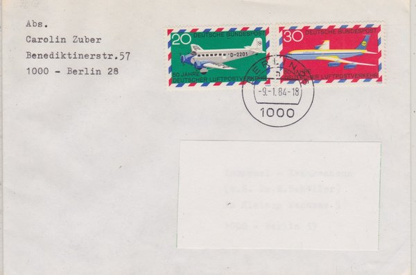 BUND 576, 577 Standardbrief <50 J. Luftpostverkehr> Tagesstempel 08-01-1984 - ZUM SCHADEN DER POST