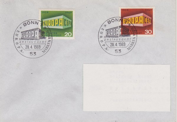 BUND 583, 584 Standard-Ersttagsbrief <Europa 1968> mit Sonderstempel Bonn 1 vom 28-04-1969
