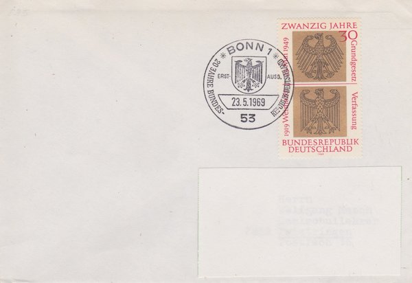 BUND 585 Standard-Ersttagsbrief <20 Jahre Bundesrepublik Deutschland> Sonderstempel vom 23-05-1969