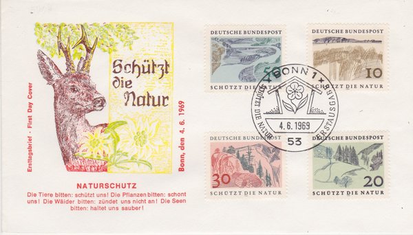BUND 591-594 Ersttagsbrief (FDC) <Naturschutzjahr> mit Sonderstempel Bonn 1 vom 04-06-1969