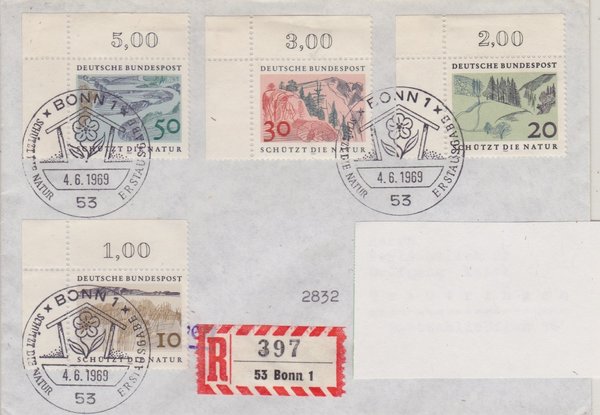 BUND 591-594 Ersttags-Einschreibebrief  <Naturschutzjahr> mit Sonderstempel Bonn 1 vom 04-06-1969