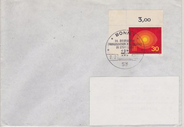 BUND 595 Standard-Ersttagsbrief <Evangelischer Kirchentag> mit Sonderstempel Bonn 1 vom 07-07-1969