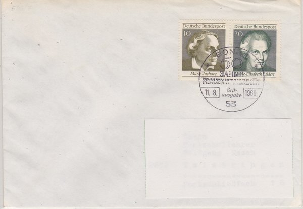 BUND 596, 597 Standard-Ersttagsbrief <Frauenwahlrecht> mit Sonderstempel Bonn 1 vom 11-08-1969