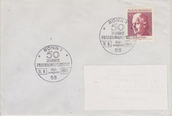 BUND 598 Standard-Ersttagsbrief <Frauenwahlrecht> mit Sonderstempel Bonn 1 vom 11-08-1969