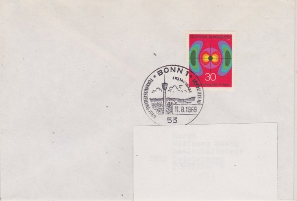 BUND 599 Standard-Ersttagsbrief <Intern. Funkausstellung> mit Sonderstempel Bonn 1 vom 11-08-1969