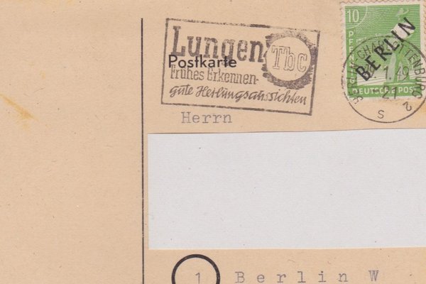 BERLIN 4 - Standard-Postkarte  (Schwarzaufdruck) mit Maschinen-Werbestempel vom 29-01-1949