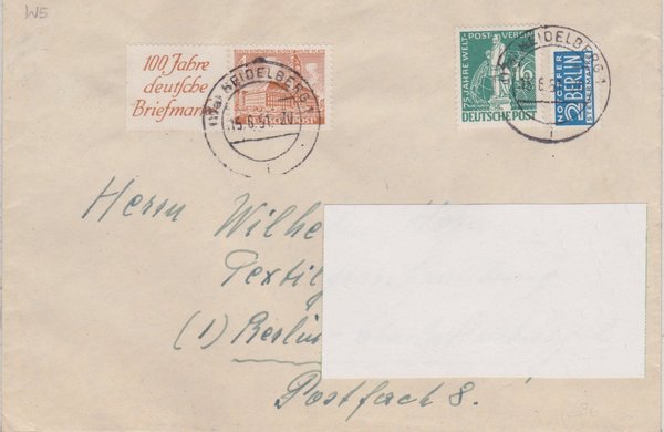 BERLIN 36, 43 ZF, + 2 Pfg. Standardbrief von Heidelberg nach Berlin mit Tagesstempel vom 15-06-1951