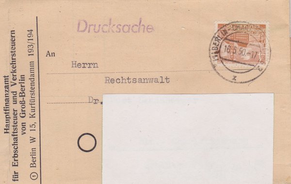 BERLIN 43 - Drucksache (Berliner Bauten) Finanzamt an Rechtsanwalt mit Tagesstempel vom 16-05-1950