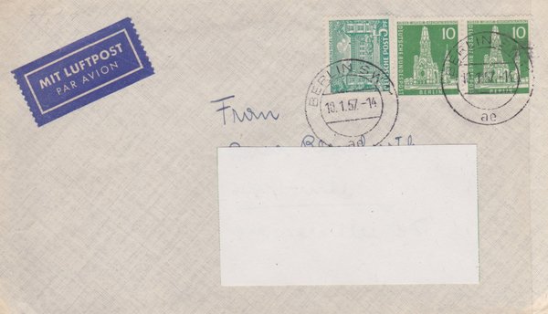 BERLIN 44, 144 (2x) Luftpostbrief (Berliner Bauten) nach Karlsruhe mit Tagesstempel vom 10-01-1957