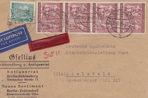 BERLIN 44, 125 (4x) - Express-Luftpostbrief (Berliner Bauten) Berlin mit Tagesstempel vom 20-10-1955