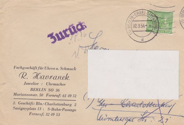 BERLIN 47 - Standardbrief (Berliner Bauten) Brief zurück / Empfänger unbekannt -  Stempel 02-09-1954