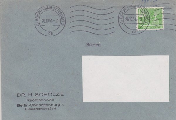 BERLIN 47 - Standardbrief  (Berliner Bauten) Rechtsanwalt an privat - Wellen-Stempel vom 26-10-1954